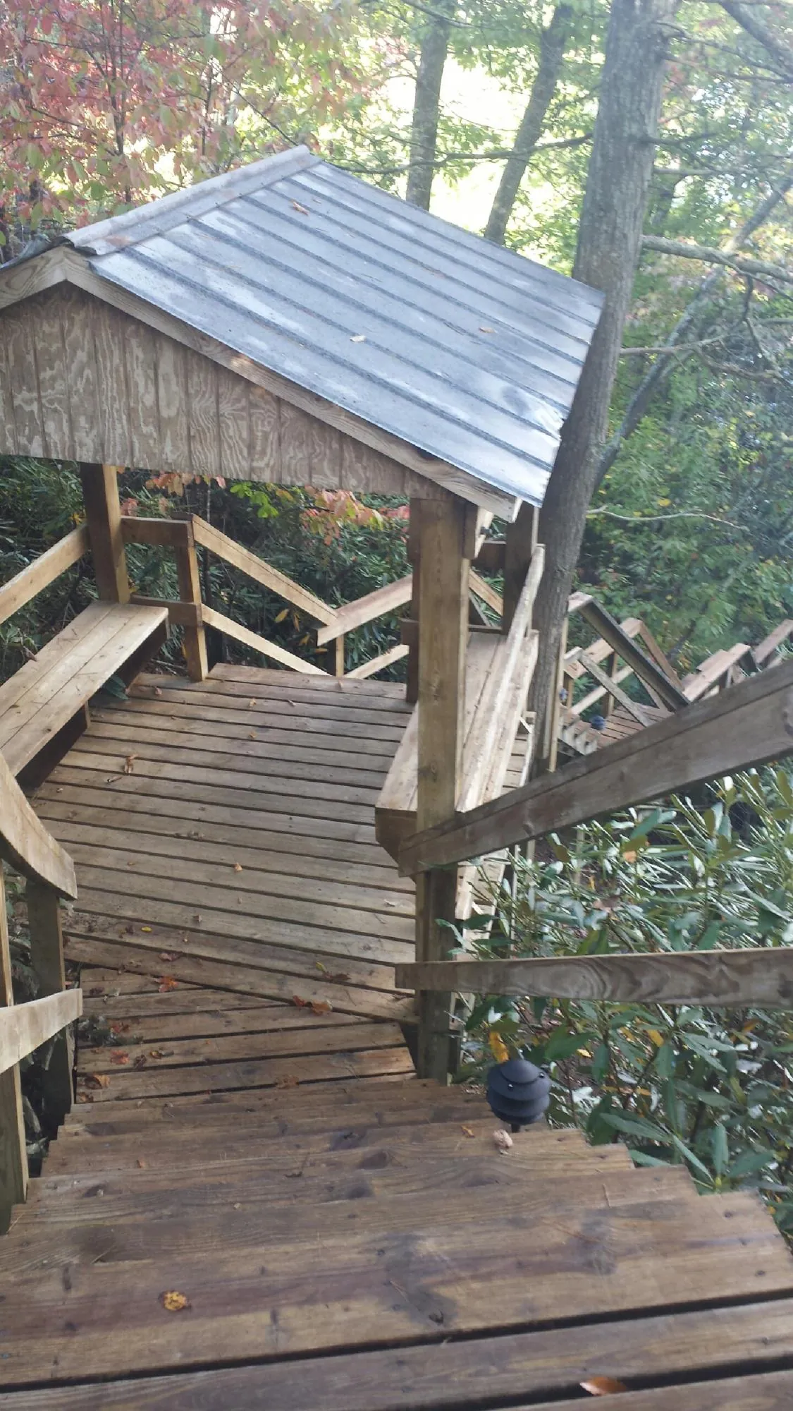 Metal roofed shelter over wooden steps on a wooded walkway — Skylight Repair & Installation work by our crew in Whitestown